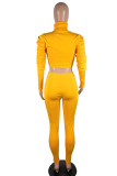 Yellow Casual Sportswear Solid Turtleneck Long Sleeve Pile Up Sleeves Regular Two Pieces