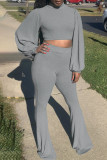 Grey Casual Solid Split Joint Long Sleeve Two Pieces