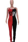 Red and black Fashion Sexy Print Patchwork letter Sleeveless Slip Jumpsuits