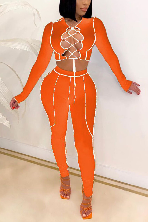 Orange Sexy Solid Patchwork O Neck Long Sleeve Regular Sleeve Short Two Pieces