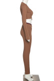 Brown Sexy Solid Split Joint O Neck Long Sleeve Two Pieces