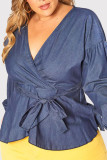 Blue Fashion Casual Solid With Belt V Neck Plus Size Set