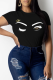Black Casual Print Patchwork O Neck Tops