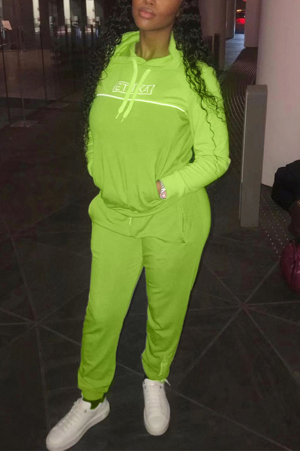 Fluorescent Green Daily Solid Embroidered Hooded Collar Long Sleeve Two Pieces