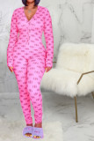 Pink Sexy Print Polyester Long Sleeve V Neck Jumpsuits