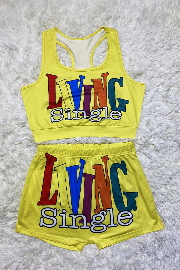 Yellow Polyester Sexy Print Straight Sleeveless Two Pieces