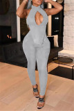 Grey Fashion Sexy Solid Hollowed Out Backless Turtleneck Sleeveless Two Pieces