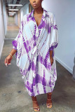 Purple Fashion Casual Print Tie-dye Turndown Collar Printed Dress Dresses