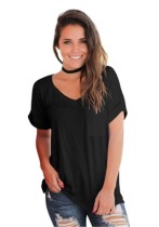 Black Fashion Casual Regular V-Neck Short Solid Slim Tees & T-shirts