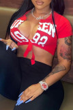 Red Sexy Casual Letter Print Strap Design V Neck T-Shirts