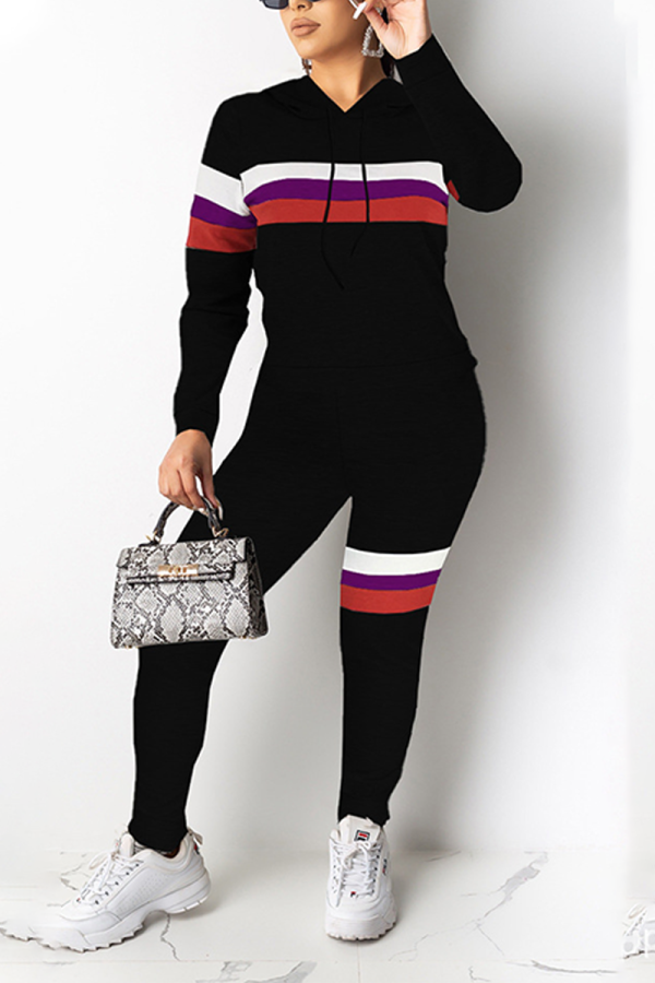 Black Casual Striped Patchwork Hooded Collar Long Sleeve Two Pieces