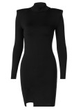 Black Sexy Solid Slit Turtleneck Straight Dresses