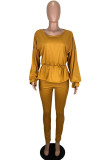 Yellow Fashion Sweet Solid Patchwork O Neck Long Sleeve Two Pieces