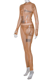 Brownness Casual Print See-through Half A Turtleneck Long Sleeve Two Pieces