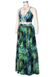 Red Fashion Sexy Print Backless Slit V Neck Sleeveless Two Pieces