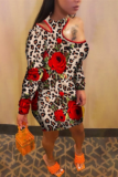 Red Sexy Leopard Patchwork Half A Turtleneck Pencil Skirt Dresses