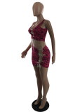 Coffee Sexy Leopard Hollowed Out Frenulum U Neck Sleeveless Two Pieces