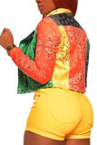 Yellow Fashion Sexy Adult Polyester Print Split Joint Turndown Collar Plus Size