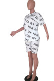 White Fashion Casual adult Ma'am Letter Patchwork Print Two Piece Suits pencil Short Sleeve Two Pieces