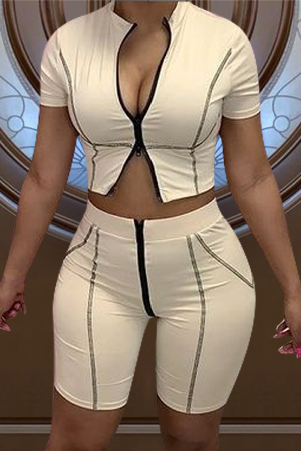 Milky Sexy Solid Patchwork Zipper Collar Short Sleeve Two Pieces