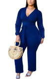 Blue Fashion Sexy Solid Polyester Long Sleeve V Neck Jumpsuits