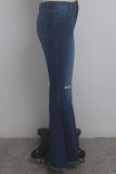 Blue Denim Button Fly Sleeveless High Patchwork Hole Solid Boot Cut Pants Pants