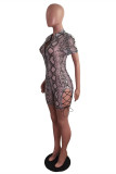 Grey Fashion Sexy Print Basic Zipper Collar Skinny Romper