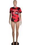 Red Polyester O Neck Short Sleeve Print