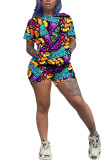 purple venetian Fashion adult Ma'am Street Print Two Piece Suits pencil Short Sleeve Two Pieces