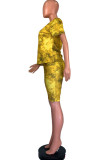 Yellow Fashion Casual adult Ma'am O Neck Print Two Piece Suits Stitching Plus Size