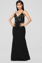 Black Polyester Sexy Fashion Spaghetti Strap Sleeveless Slip A-Line Floor-Length Patchwork Mesh lace persp