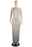 Grey Sexy Fashion Spaghetti Strap Sleeveless Slip Step Skirt Floor-Length Striped Casual Dress