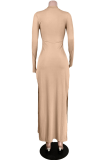 Grey Sexy Solid High Opening Slit Half A Turtleneck Pencil Skirt Dresses