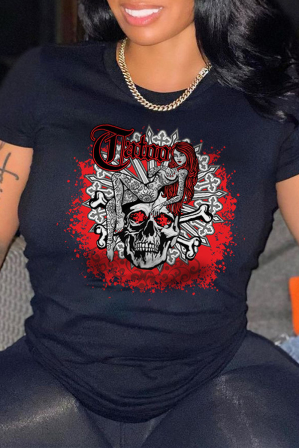 Black Fashion Casual Print Basic O Neck T-Shirts