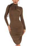 Brown Solid Split Joint Fold Turtleneck Long Sleeve Knee Length Pencil Skirt Dresses