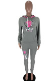 Grey Work Daily Letter Print Hooded Collar Long Sleeve Two Pieces