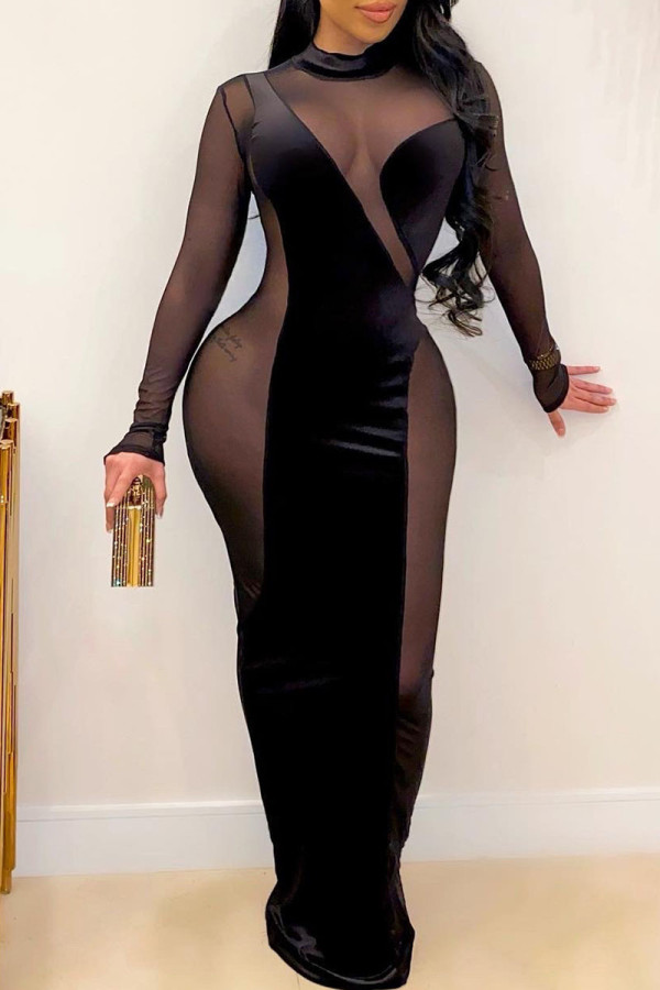 Black Sexy Solid Split Joint O Neck Pencil Skirt Dresses
