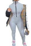 Grey Fashion Casual Solid zipper Polyester Long Sleeve O Neck Jumpsuits