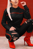 Black Fashion Casual Patchwork Solid Ripped Split Joint Hooded Collar Long Sleeve Two Pieces