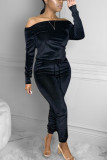 Black Casual Solid Bateau Neck Long Sleeve Two Pieces