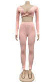 Pink Sexy Solid Patchwork Backless V Neck Long Sleeve Two Pieces