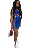 Dark Blue adult Sexy Fashion Ma'am Tank Sleeveless V Neck Pencil Dress Mini Character Print hollow o