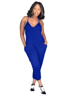 Blue Wine Polyester Pockets Patchwork Fashion sexy Jumpsuits & Rompers