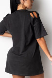 Black Sexy Solid Ripped Bandage Chains Basic Strap Design V Neck Short Sleeve Mini Straight Dresses