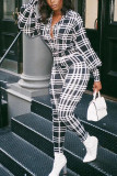 Black Fashion Casual Adult Polyester Plaid Turndown Collar Skinny Jumpsuits