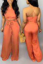 Orange Polyester Street Solid Loose Short Sleeve Two Pieces