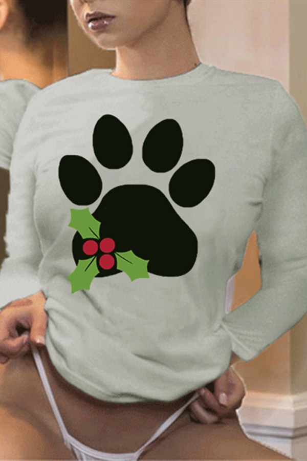 Grey Fashion Casual Print Pullovers O Neck Tops