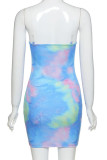 Blue Sexy Spaghetti Strap Sleeveless Pencil Dress skirt Print Dresses