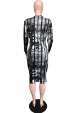 Black Sexy Print Split Joint V Neck Pencil Skirt Dresses
