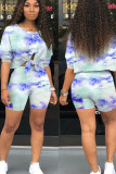 Blue Fashion Sexy adult Ma'am Print Tie Dye Two Piece Suits Straight Half Sleeve Two Pieces